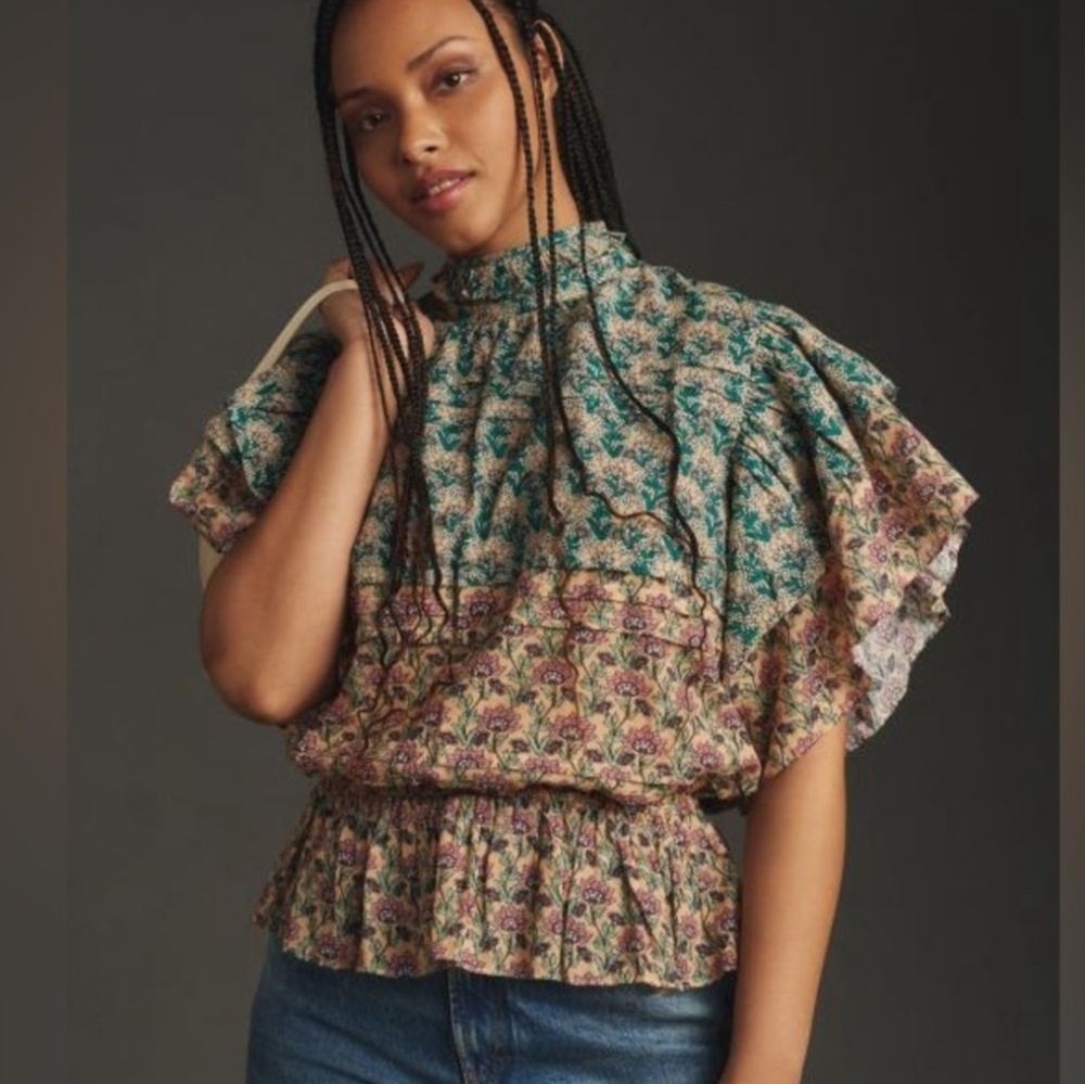 Elegant Floral Ruffle Blouse - Green and Pink